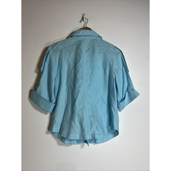 Chico's Jacket Woman's Size 0 Linen Aqua Blue 3/4 Roll Sleeve Button - Picture 4 of 4